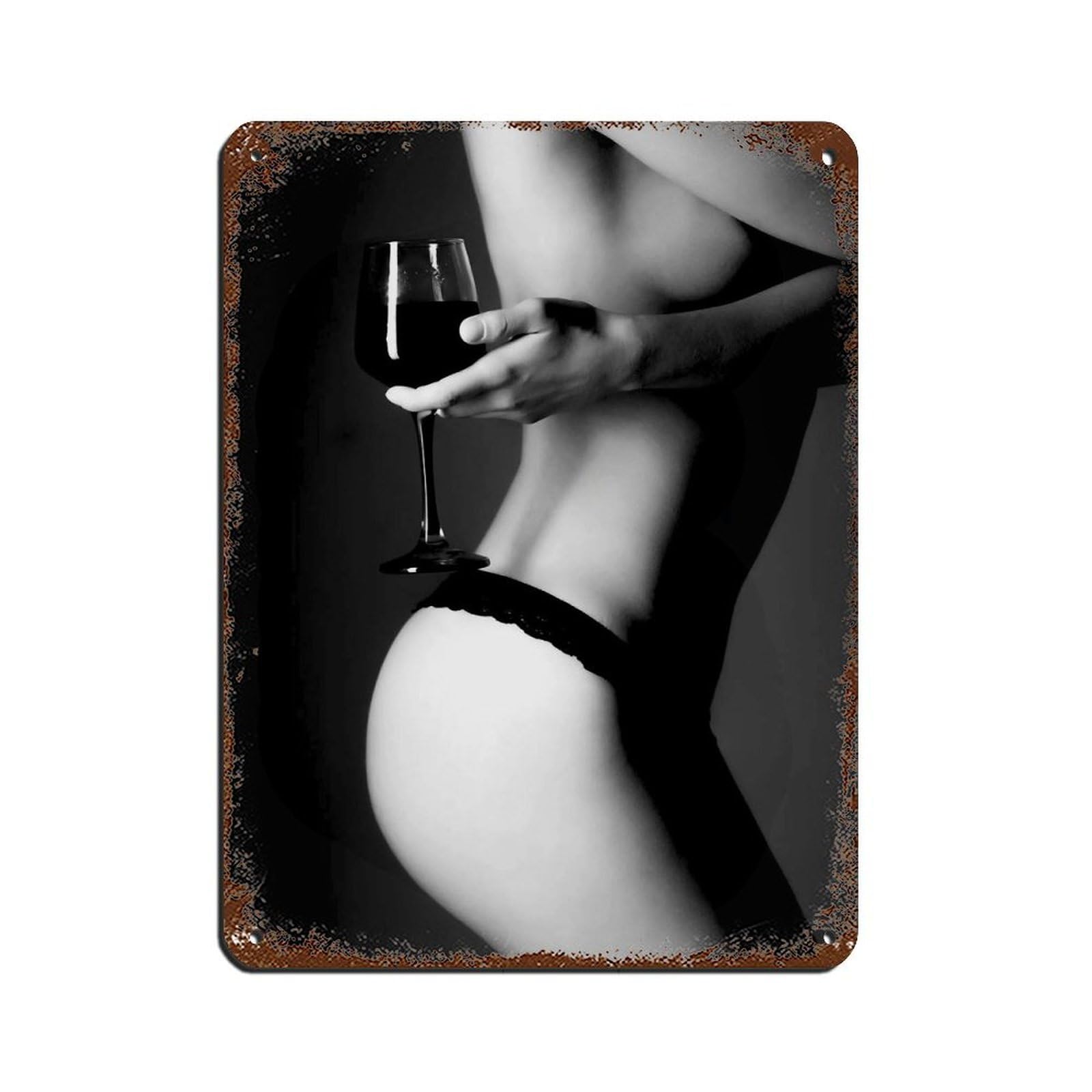 Bikini Woman Holding Glass of Wine Poster Tin Sign Vintage Metal Pub Club Cafe Bar Home Wall Art Decoration Poster Retro 12x16inch(30x40cm)