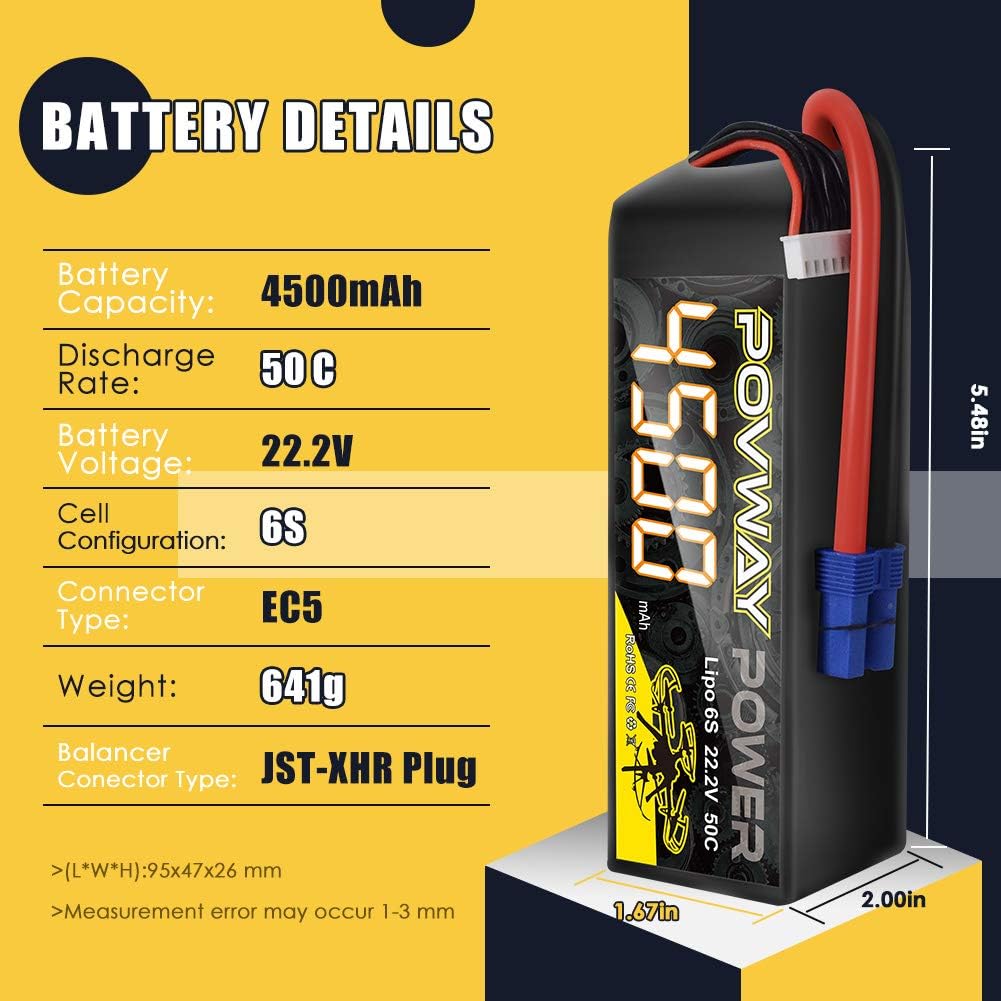4500mAh 22.2V 50C 6S Lipo Battery with EC5 Plug for X Class Drone Racing 70MM 8MM 90MM EDF RC Quadcopter Airplane Helicopter Car Truck Boat RC Hobby