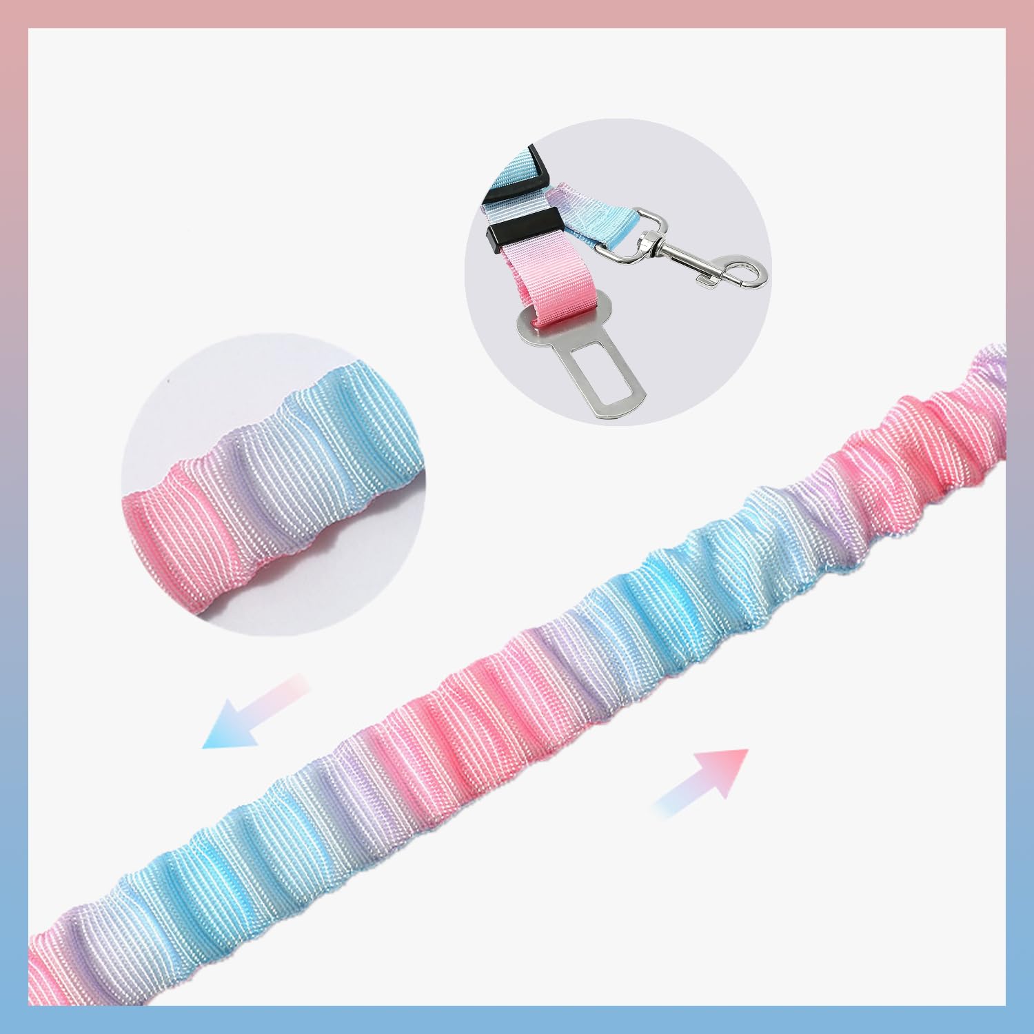 Réglable Ceinture Securite Chien Voiture - 1 Pièce, Bleu Rose Dégradé, Elastique Attache Chiens Voitures, Adaptée à Tous Les Types d'animaux et de Modèles de Véhicules