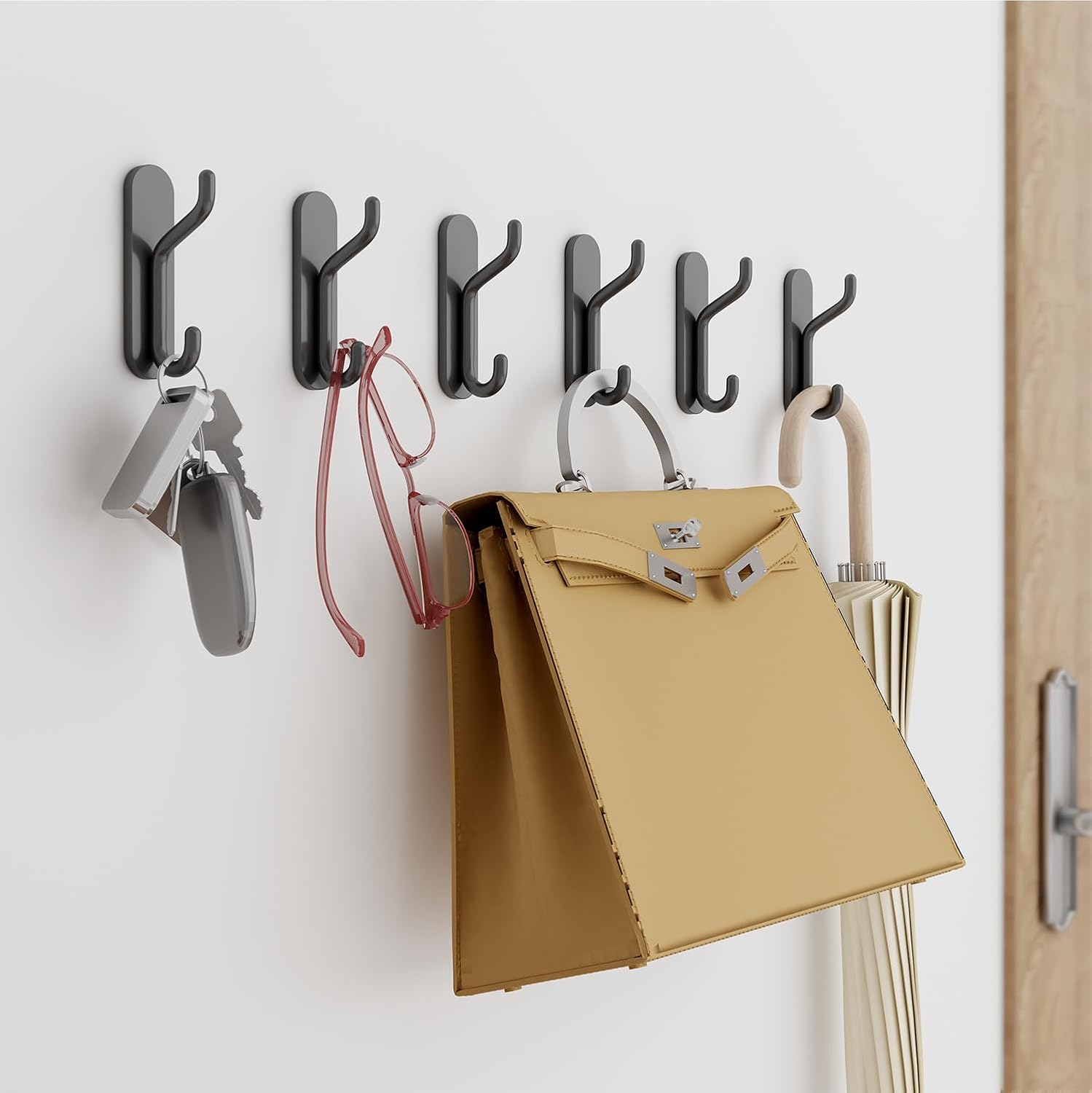 6 PCS Coat Hook Adhesive Towel Hook Heavy Duty Wall Mounted Black