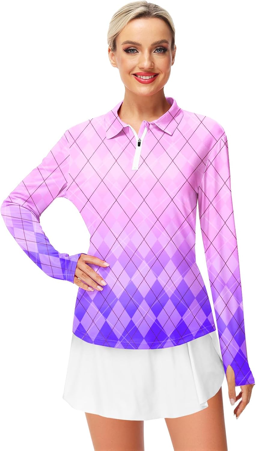 AOBUTE Women's Long Sleeve Golf Shirts Zip Polo Tennis Top with Thumb Hole