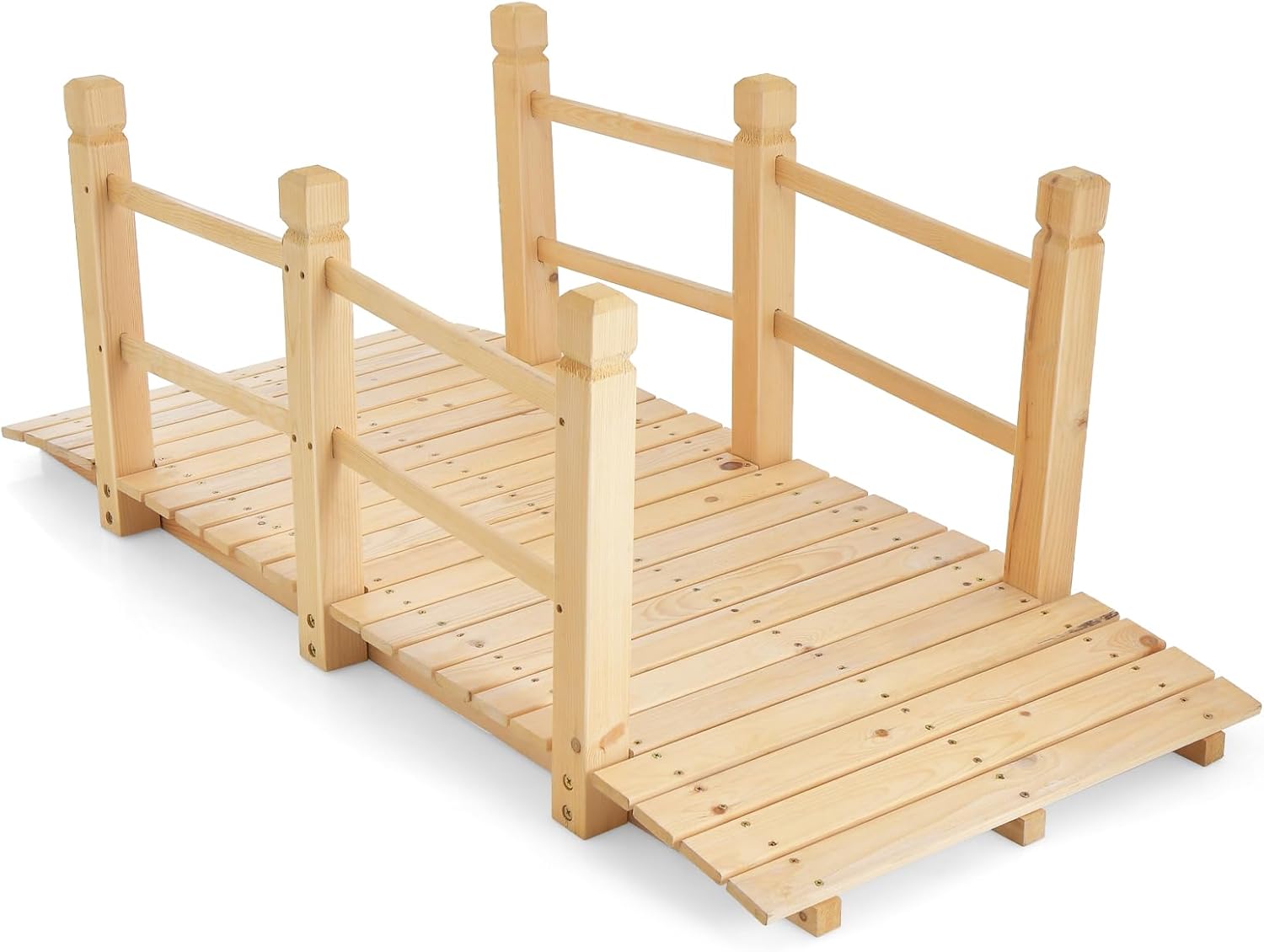 MAT EXPERT 5FT Wooden Garden Bridge, Sturdy Outdoor Pond Bridge with Safety Railings, Garden Pathway, Decorative Landscape Footpath for Backyard, Patio, Creek & Farm Decoration (Natural)