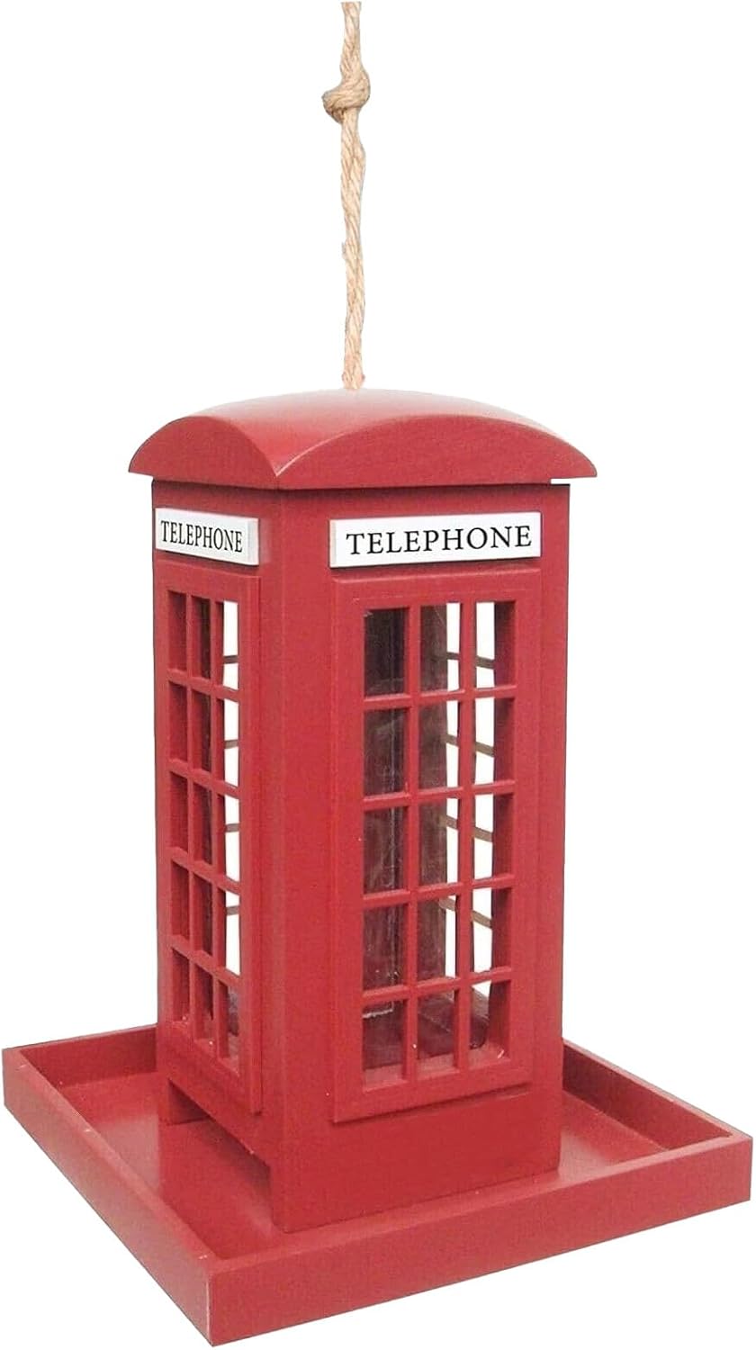 Wooden Bird Feeder, 19.5x14cm Red Telephone Booth Birdfeeder, Decorative Outdoor Feeding House for Wild Birds, Garden, Backyard, Porch, Balcony