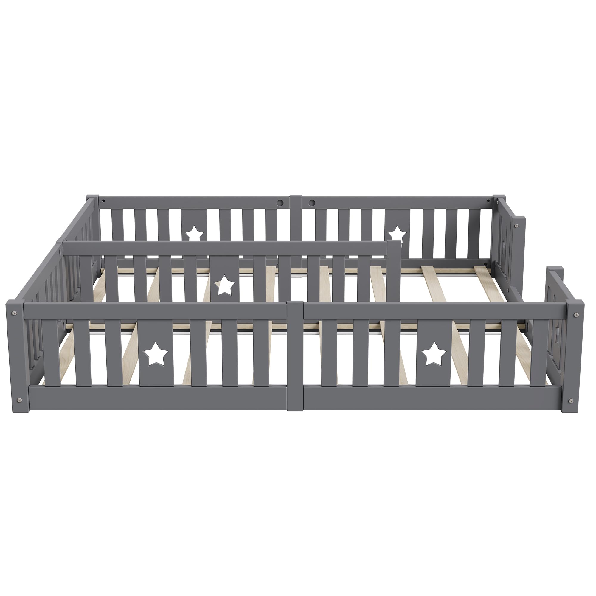 Cama baja de 180x200 cm para 2 niños, cama doble Montessori con barandilla de seguridad, cama baja de 90x200 cm, cama infantil para hermanos, madera maciza (Gris-B01, con somier de láminas, 180x200)