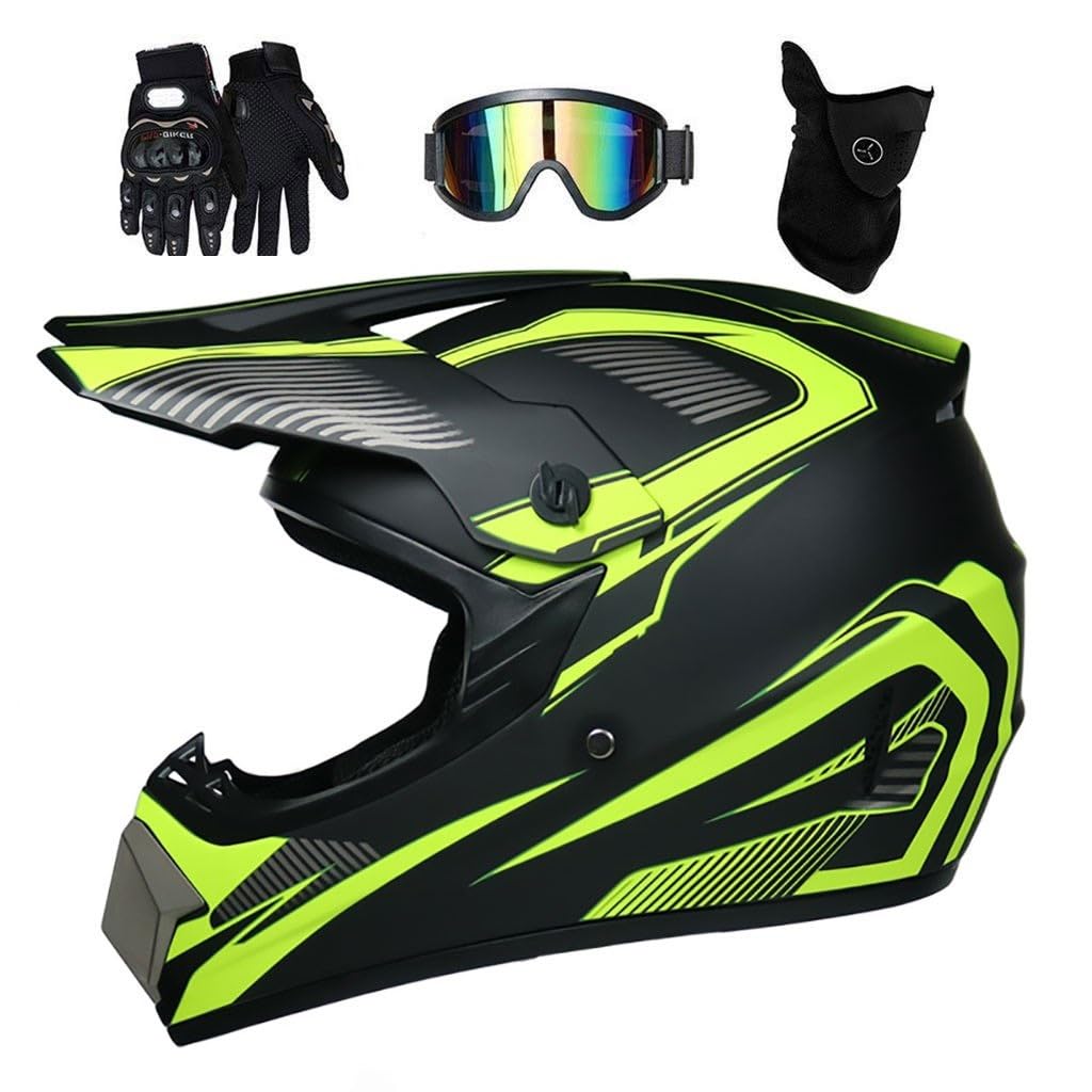 Unisex Sport Estremi Casco da Motocross, con Occhiali Guanti Maschera, Gioventù Bambini Integrale Fuori Strada Moto Casco, Discesa Enduro BMX MTB ATV Quad Dirt Bike Incidente Casco