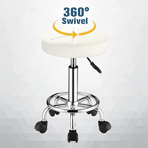 Miniatura 5 de FNZIR Taburete giratorio con ruedas Taburetes rodantes redondos de cuero PU Altura ajustable Blanco