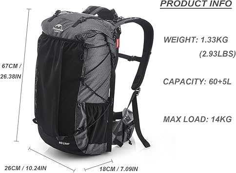 Naturehike Hiking Camping Backpack 45L/65L Lightweight Internal Frame with Rain Cover for Backpacking Outdoor Sports ((40+5) L Black, (40+5) L)