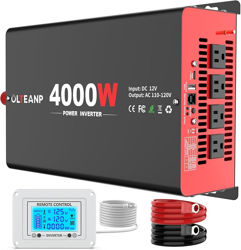 4000 Watts Power Inverter 12V DC to 110V AC for RV, Truck, Off-Grid | 8000W Peak,4 AC Outlets, 30W Type-C & 3.1A USB Port,LCD Remote, Car Inverter for Solar System, Truck, Boat, Emergency Use