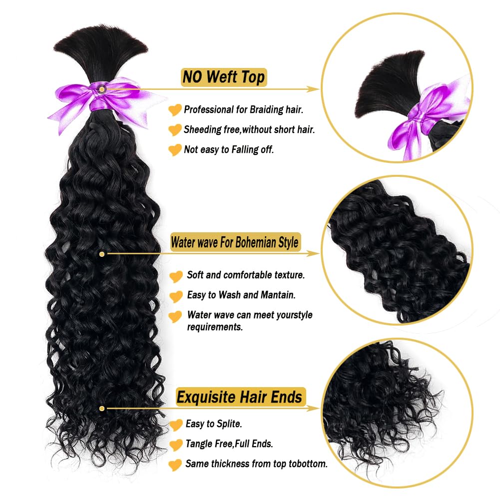 Human Braiding Hair for Boho Knotless Braids Bulk Curly Bundles Human Hair for Micro Braiding Wet and Wavy Water Wave No Weft Human Hair Extension for Box Boho Braids 100g with 2 Bundles Natural Color