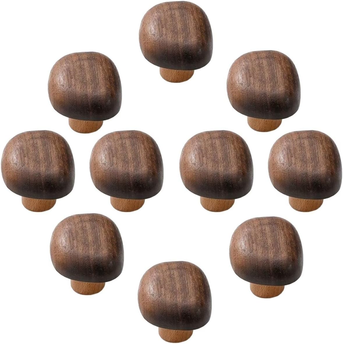 10Pcs Mushroom Shape Wooden Knobs,Natural Beach Wood Kitchen Cabinet Pulls Retro Style Cobblestone Wood Handles for Living Room Children's Room with Screws,Furniture Hardware