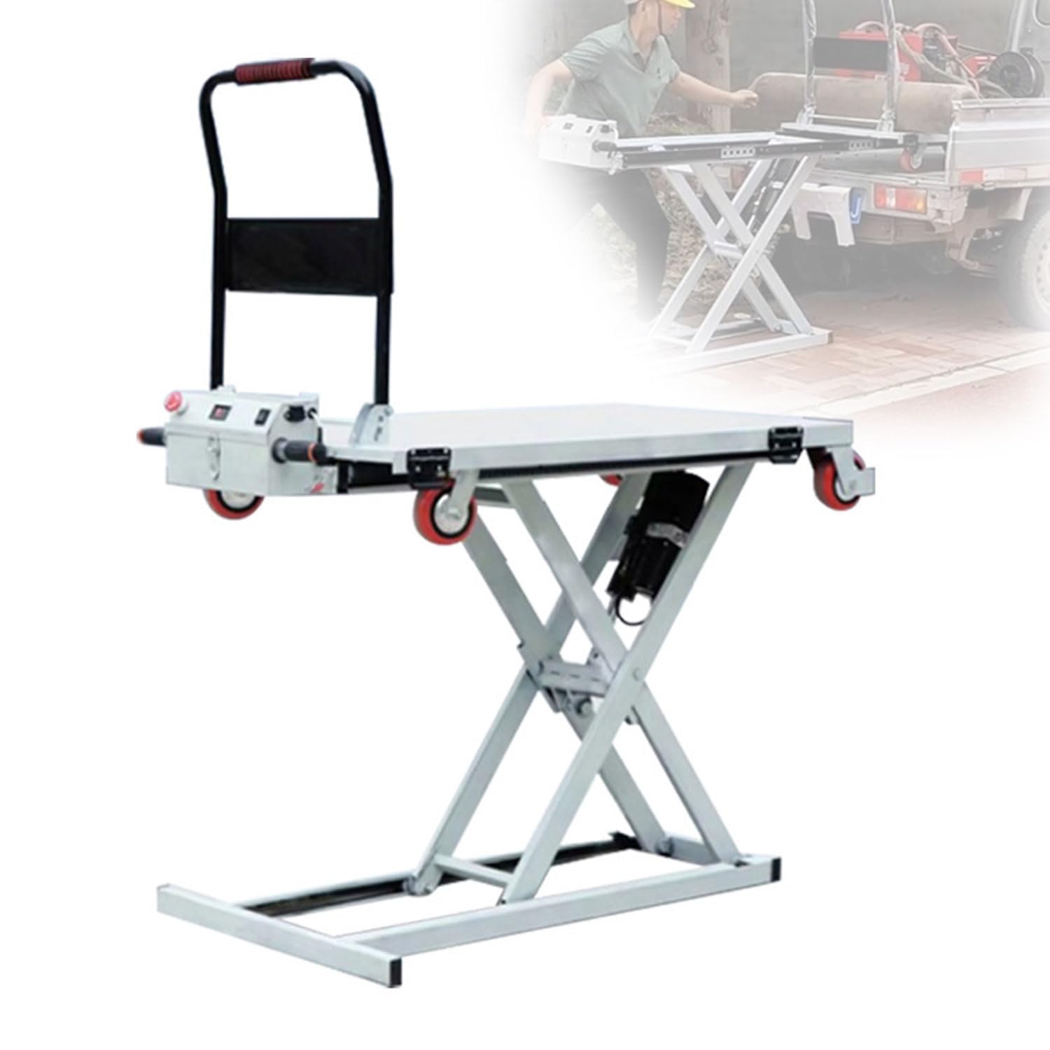 Tavolo di sollevamento idraulico – Carrello portatile con 4 ruote, capacità di carico 300 kg, altezza di sollevamento 98 cm, display digitale per magazzino e logistica