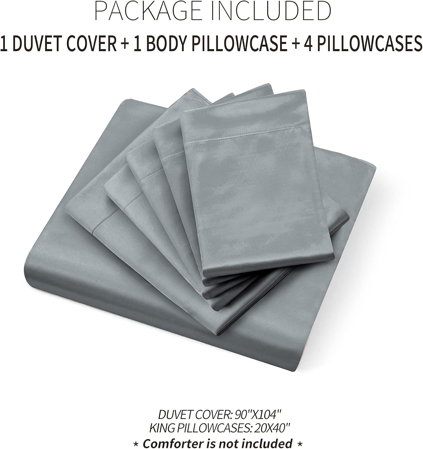 Ersmak 6 Pieces Satin Duvet Cover King Size Luxury Silky Bedding Duvet Cover Set with 1 Soft Duvet Cover, 4 King Pillowcases and 1 Body Pillowcase, Grey
