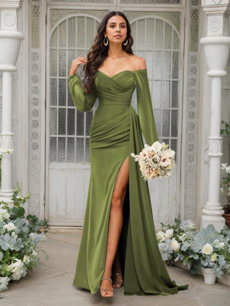 Women's Off Shoulder Satin Prom Dresses Long Sleeve Memraid Long Formal Evening Gowns with Slit Emerald Green Size8 EL009