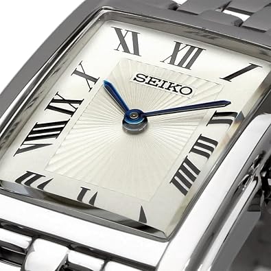 Seiko SWR083 Rectangular Watch - Essentials Collection - Roman Numeral Dial, Blue Hands, Stainless Steel Bracelet, and 50m Water Resistance
