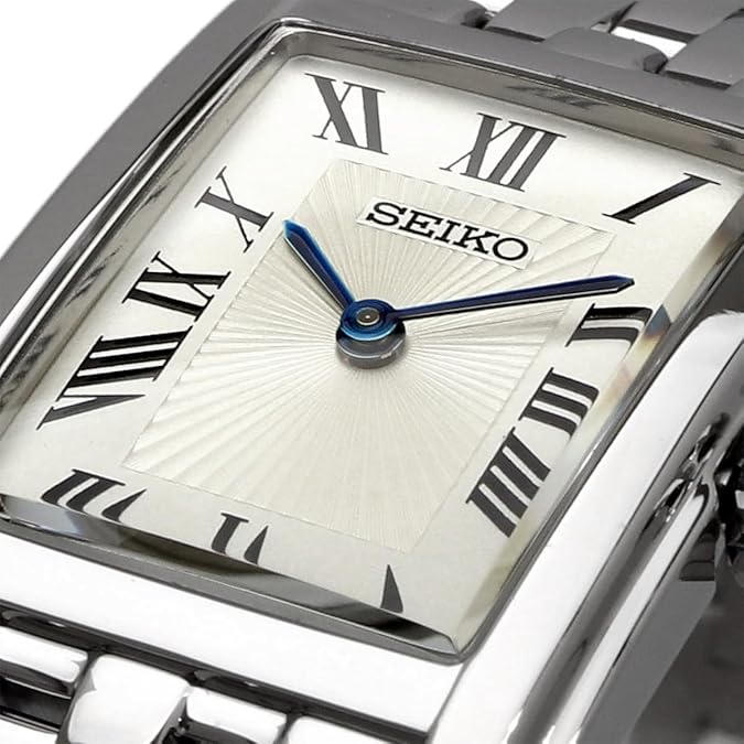 Seiko SWR083 Rectangular Watch - Essentials Collection - Roman Numeral Dial, Blue Hands, Stainless Steel Bracelet, and 50m Water Resistance