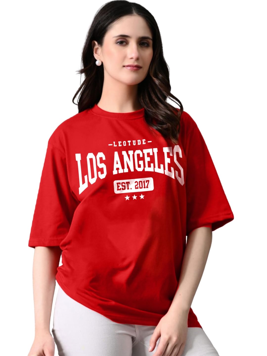 leotude Half Sleeve Oversized Tshirt for Women, Longline Round Neck Printed Drop Shoulder T-Shirt (Color Red)-picture-15