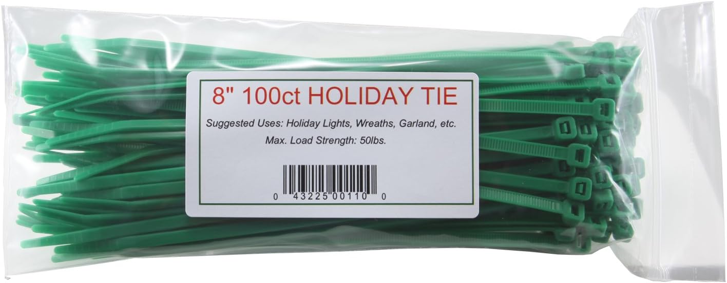 Micro Plastics Nylon Holiday Cable Tie, 8" Length, Green, 50 lbs Tensile Strength, (Pack of 100)