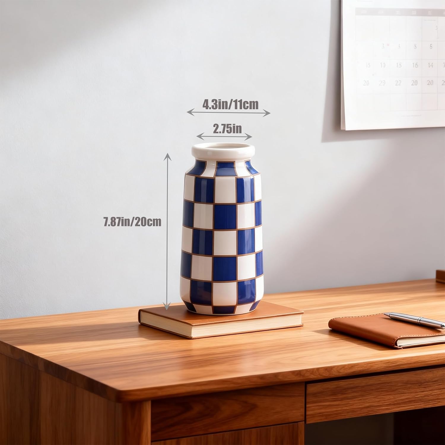 Blue and White Ceramic Vase, Mid Century Modern Checkered Vases for Flower&Pampas Grass Centerpiece, Black White Checkered Vase for Dining Table Kitchen Tabletop Minimalist Decorative (Blue)