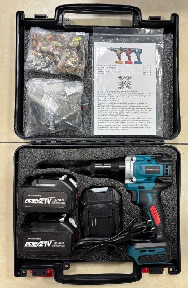 YEARTOP Pistola remachadora inalámbrica de 20 V, sin escobillas, alicates eléctricos profesionales para remaches M6 M8 M10, herramienta de remache de rosca con 2 baterías de 4,0 Ah, instrucciones de 5