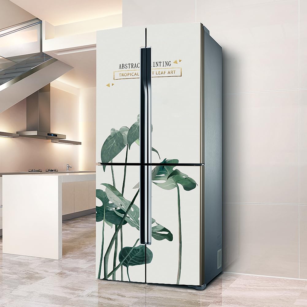 Fridge Sticker, Fridge Sticker Full Covering Door Covers Skins Wall Stickers for Kitchen Decal, Simple Green Leaves Nordic(L: 100x180 cm)