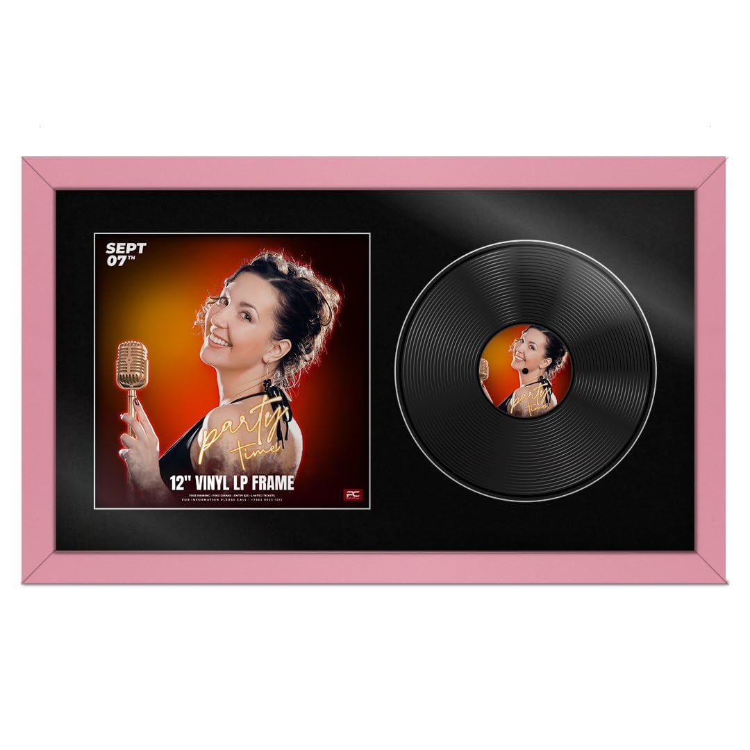 Procut Global 30X17" Pink Vinyl Record Frame for 12 Inch LP Cover & Disc - Premium Display Photo Frame -Engineered Wood with Shatterproof Perspex - Music Lover Gift & Home Décor