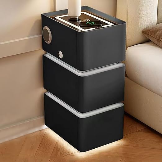 Smart Narrow Nightstand with 3 Drawers 11.8" W x 15.7" D x 25.2" H, Modern Leather Bedside Table， Password Lock, LED Sensor Light, USB Port (3 Drawers, Black)