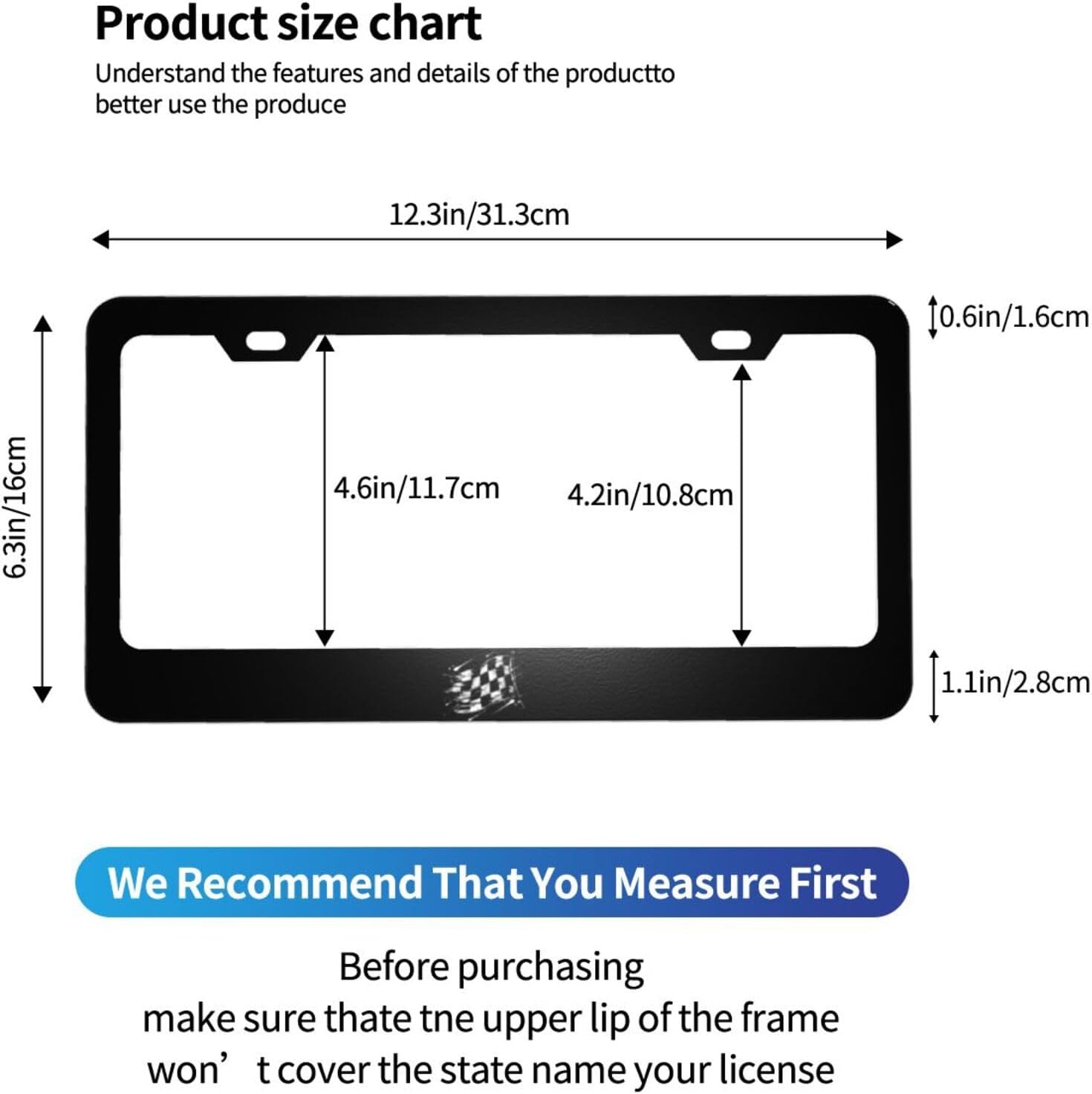 Finish Racing Flag Matte Aluminum License Plate Frame with Black Screw Caps，2pcs 2 Holes Black Licenses Plates Frames,Car Licenses Plate Covers Holders for Us Vehicles/Women/Men