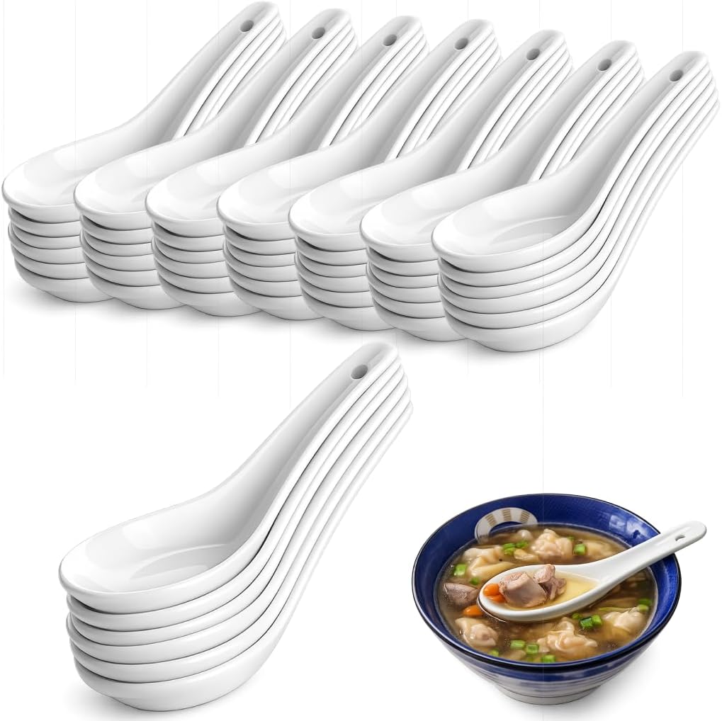 Porcelain Asian Soup Spoons Bulk Set of 48, 5-1/8" Ramen Pho Soup Spoon, Ceramic Chinese Japanese Soup Spoons for Noodles, Wonton, Dumplings, Restaurant & Catering Use