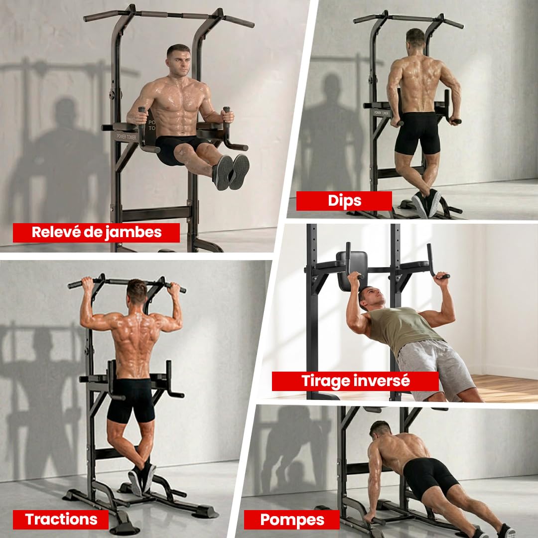 ManiBoom Station Traction "ROC SOLIDE" 220KG - Rack Traction Réglable (165-235cm) avec Base Anti-Bascule Élargie - Tour de Traction Musculation pour Dips et Abdos