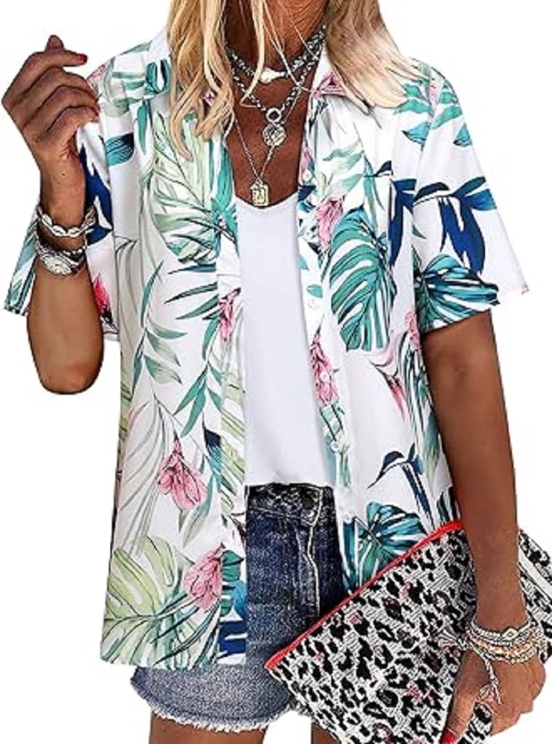 Women Cute Shirt Lapel V Neck Short Sleeve Top Loose Button Down Blouse