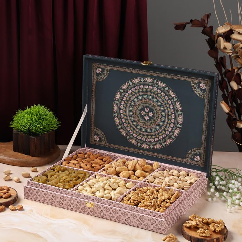 Image of Riwaz Luxury Matt Natural Dry Fruit Gift Box | Premium Hamper with Almonds, Cashews, Pistachios, Walnuts, Raisins & Khumani | 6-Section Gourmet Assortment for Corporate, Wedding & Festive Gifting ( 650g )