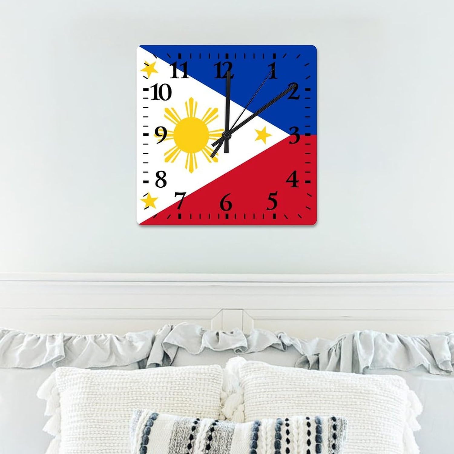 Philippines National Flag Wall Clock Philippines Wooden Clock 15in Rustic Style Arts and Crafts No Ticking Sound Battery Operated Clock Decor for Shelf Half Bath Pub