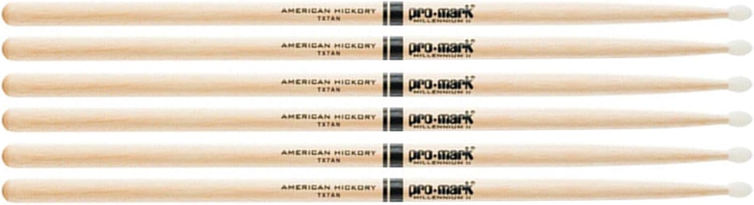 3 PACK Pro-Mark Hickory Nylon Tip Premium Drum Sticks - 7A Light, TX7AN-3