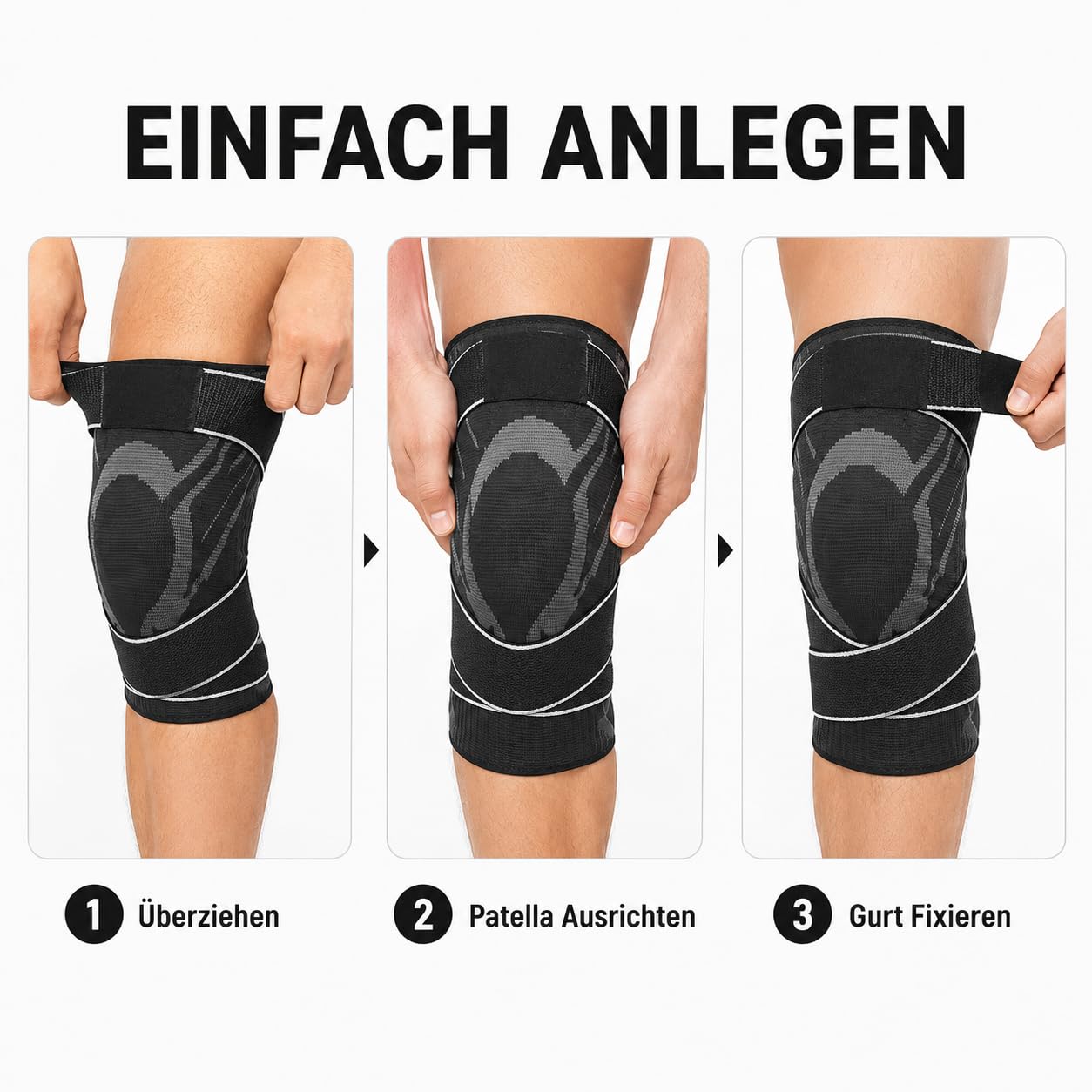 Anaconda Knee Brace Mit Drehverschluss, Einstellbare Kniebandage Mit Seitlichen Federn und Gel Patella Polster, Rutschfeste Kompressionsbandage Für Sport und Alltag (Schwarz,L)