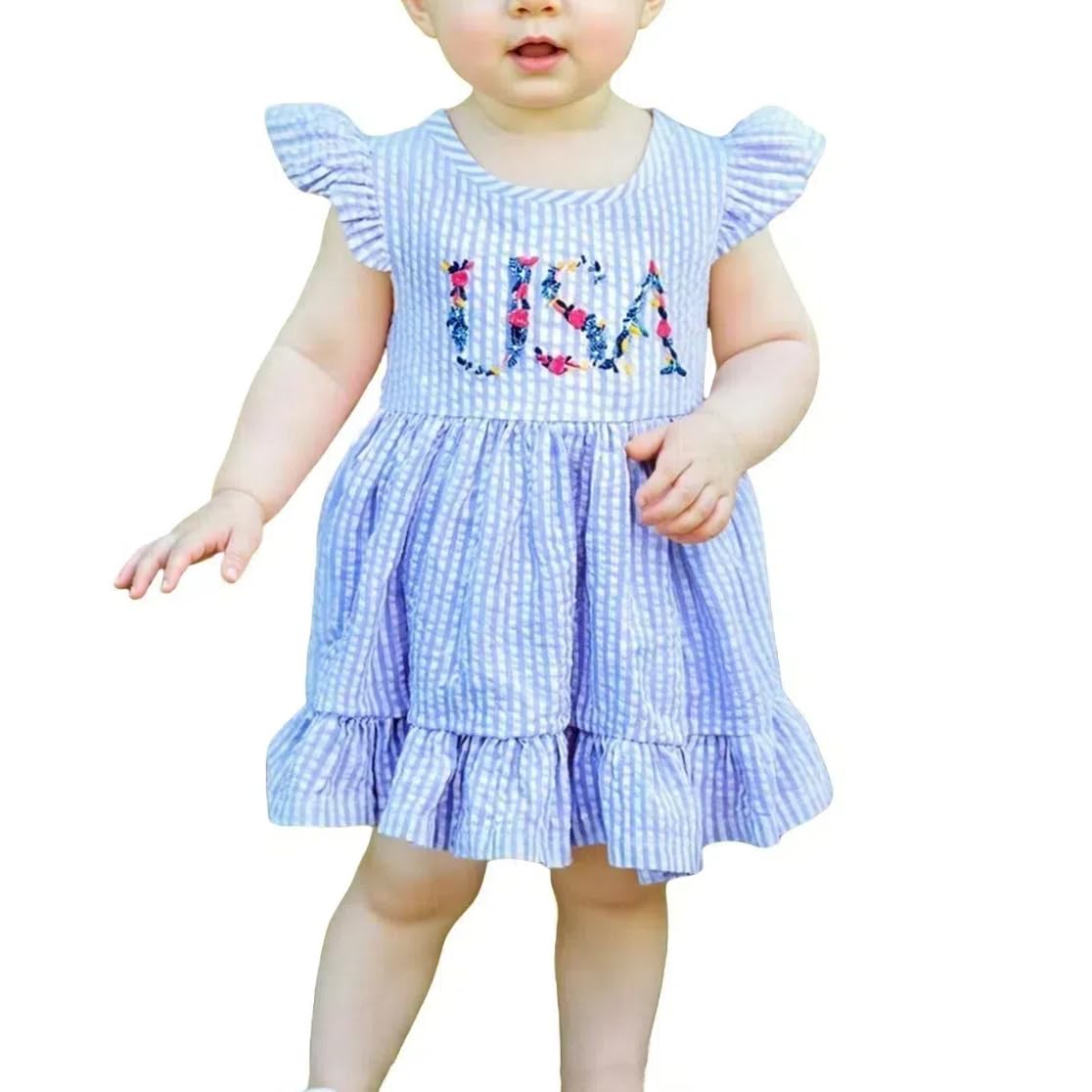 Socutebabe 4th of July Baby Girl Outfits Fourth of July Use Embroidered Dress Toddler Little Girls Smocked Outfit (Floral USA Blue, 3-4 Years)