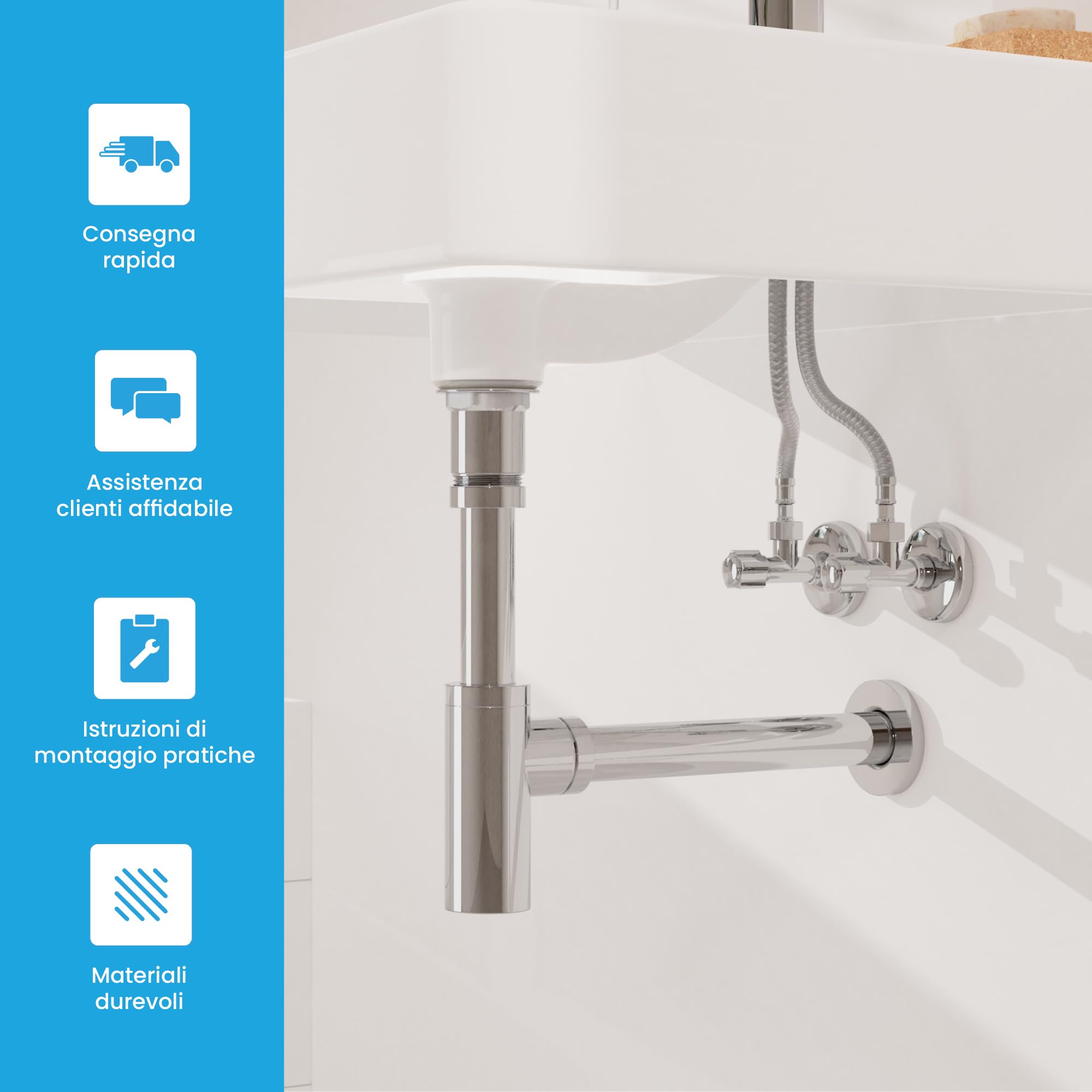 Bächlein Sifone di design universale per lavabo e mobile lavabo - piletta che si adatta perfettamente - sifone antiodore con apertura per la pulizia