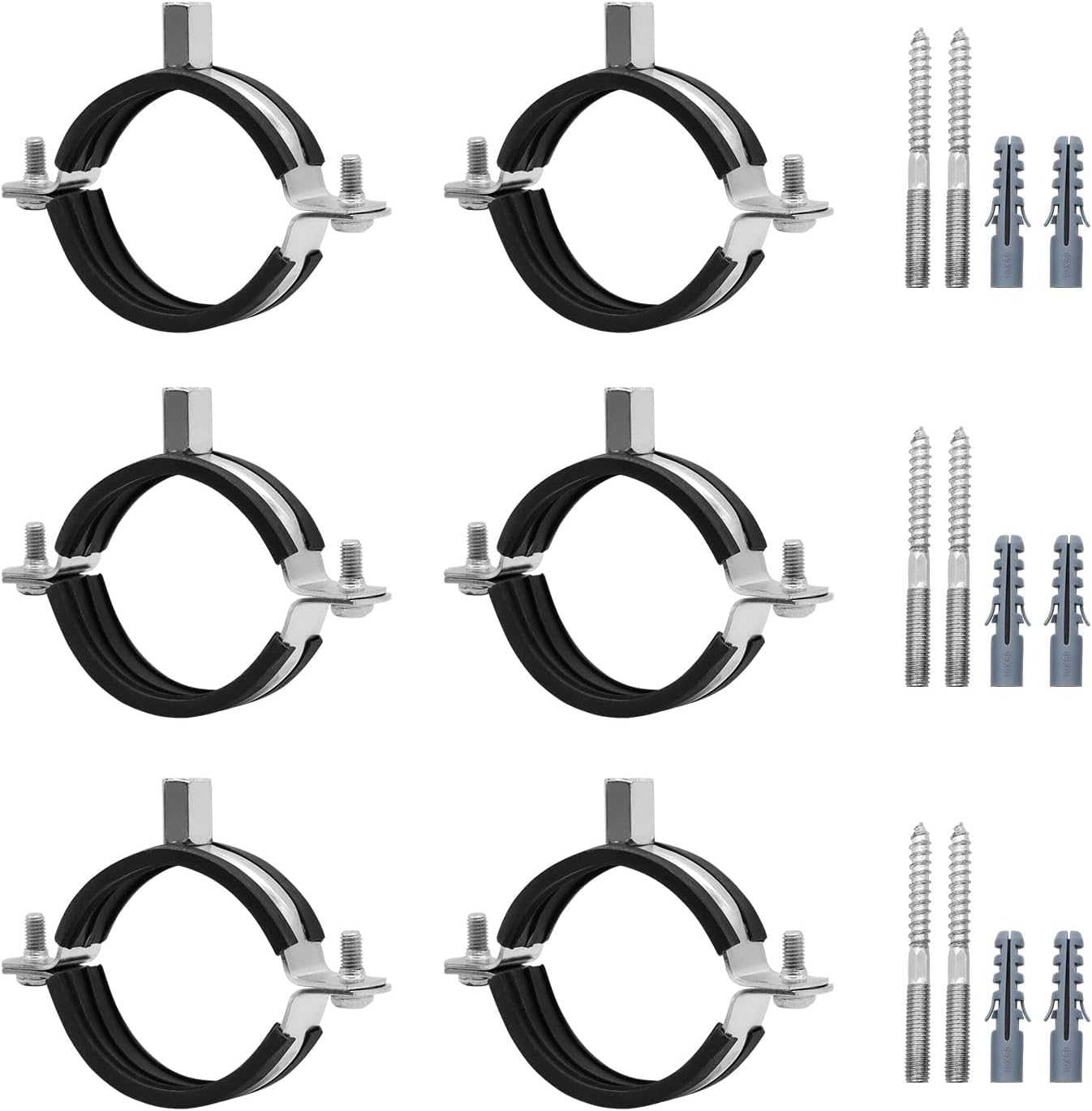 6 Pcs 1.9-2 Inch Adjustable Split Ring Pipe Hanger, Heavy Duty Pipe Bracket Clamp with Expansion Tube, Wall Ceiling Mount M8/M10 Metal Pipe Clamps for Plumbing, HVAC, Industrial Use