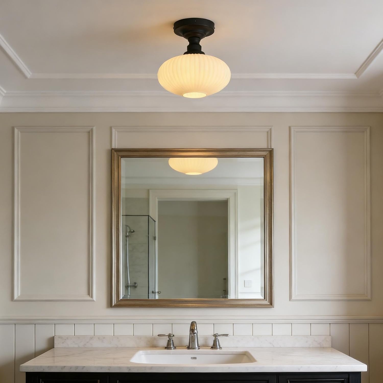 Pathson Milky Striped Flush Mounted Ceiling Light with Round Lantern Shape, Vintage Glass Ceiling Lamp Fixture Over Kitchen Sink, Living Room, Stairwell, Hallway