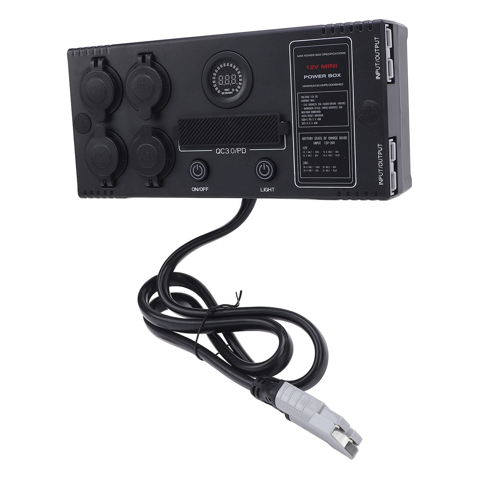Mini Zasilacz 12 V, 6 Portów USB 4 Gniazda Zapalniczki z Wyłącznikiem Automatycznym 50 A i Stopniem Ochrony IP65, dla Anderson 2 Wejścia i Wyjścia Szybkie ładowanie Hub