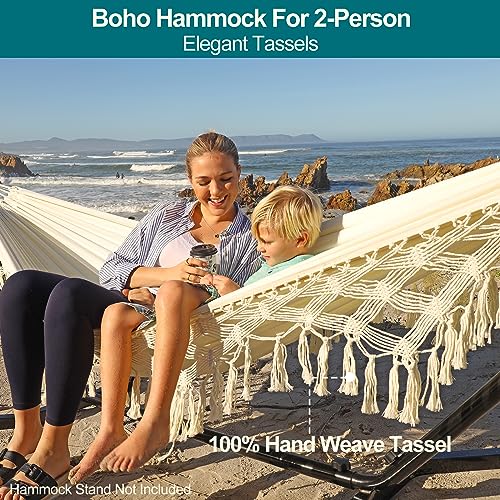Image of JoyView Boho Macrame Double Hammock with Hanging Ropes & Elegant Tassels 86.6x59 Portable Cotton Hammock for Patio Backyard Porch 450LBS Weight Capacity Perfect for Outdoor /Indoor - Beige Color