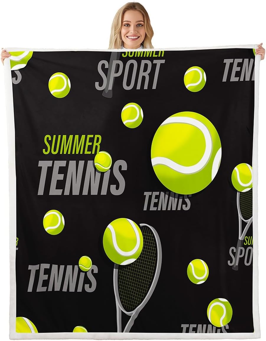 Feelyou Tennis Pattern Plush Blanket Sports Theme Fleece Throw Blanket for Bed Sofa Couch 3D Ball Pattern Sherpa Blanket Room Decor Athlete Competitive Competitive Games Throw 50"x60"