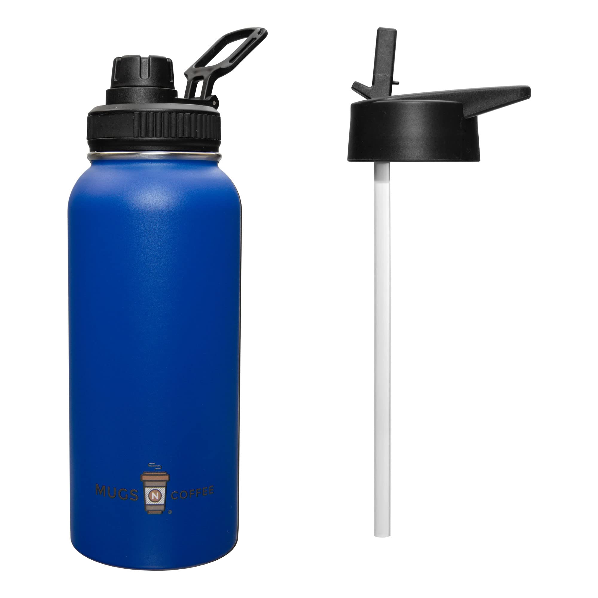 Amazon.com: Mugs N Coffee 32 oz Stainless Steel Water Bottle  Blue Vacuum Insulated  Travel Mug with Two Lids  Double Wall, Leak-Resistant, BPA-Free, Powder  Coated : Home & Kitchen