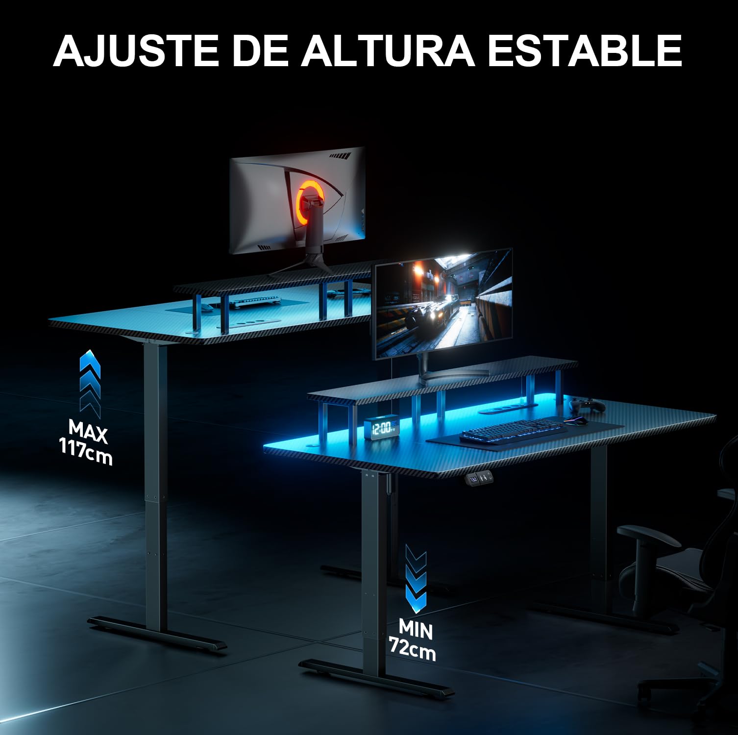 HLFURNIEU Escritorio Elevable Electrico LED 120 x 60 cm, Mesa Gaming con Toma de Corriente, Soporte para Monitor, 2 Control de Memoria, Superficie de Fibra de Carbono, Escritorio Gaming Negro