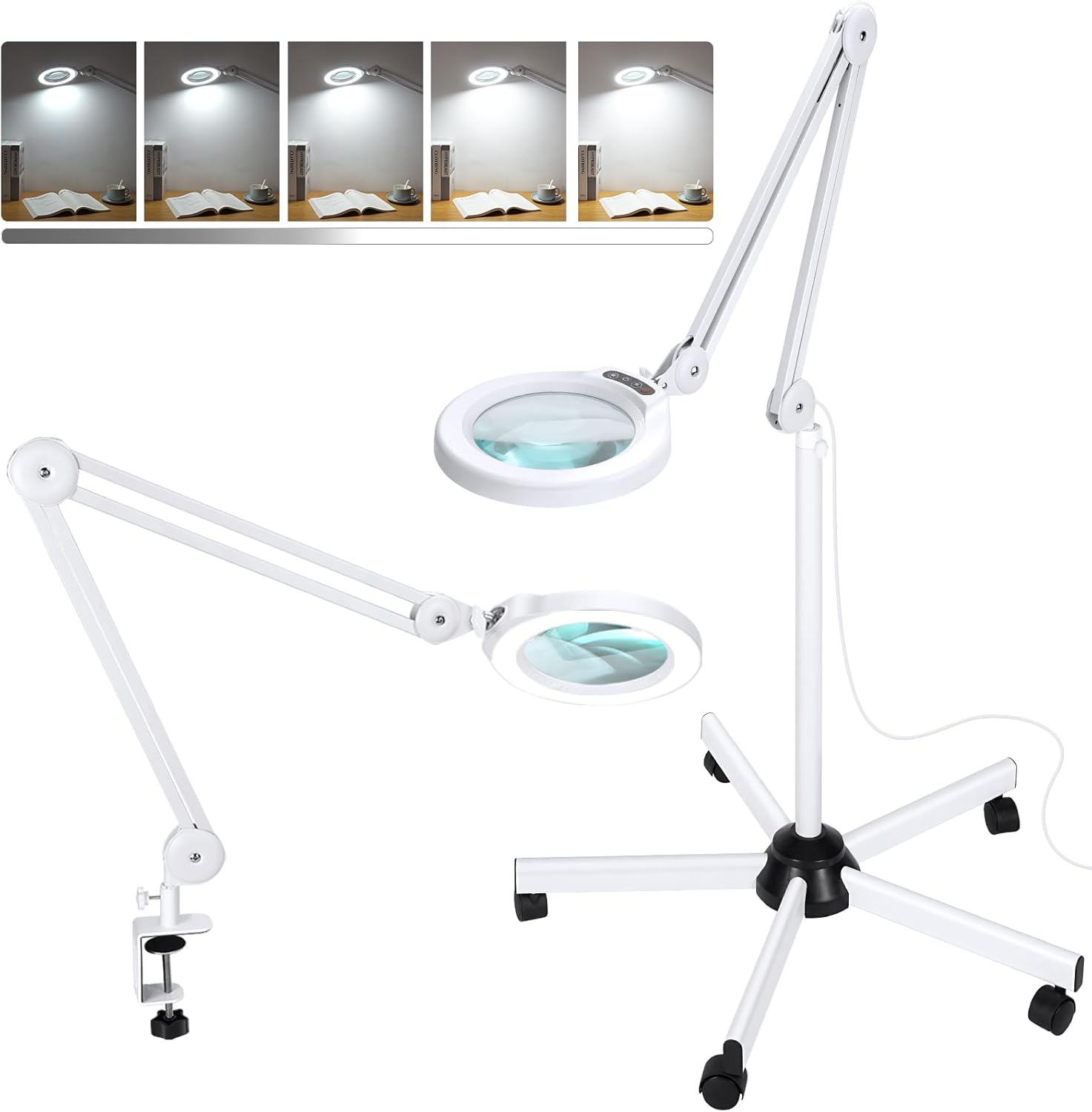 10X Magnifying Glass with Light and Stand, Super Bright 2,200 Lumens LED Magnifying Floor lamp with 5 Wheels Rolling Base, 5 Color Modes Stepless Dimming Lighted Magnifier for Esthetician Facial Salon White 10X