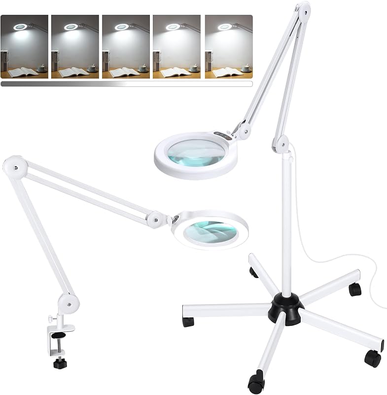 Lupa de 15 aumentos con luz y soporte, lámpara de pie con lupa LED superbrillante de 2200 lúmenes con base rodante de 5 ruedas, lupa iluminada con atenuación continua de 5 modos de color para salón facial de esteticista