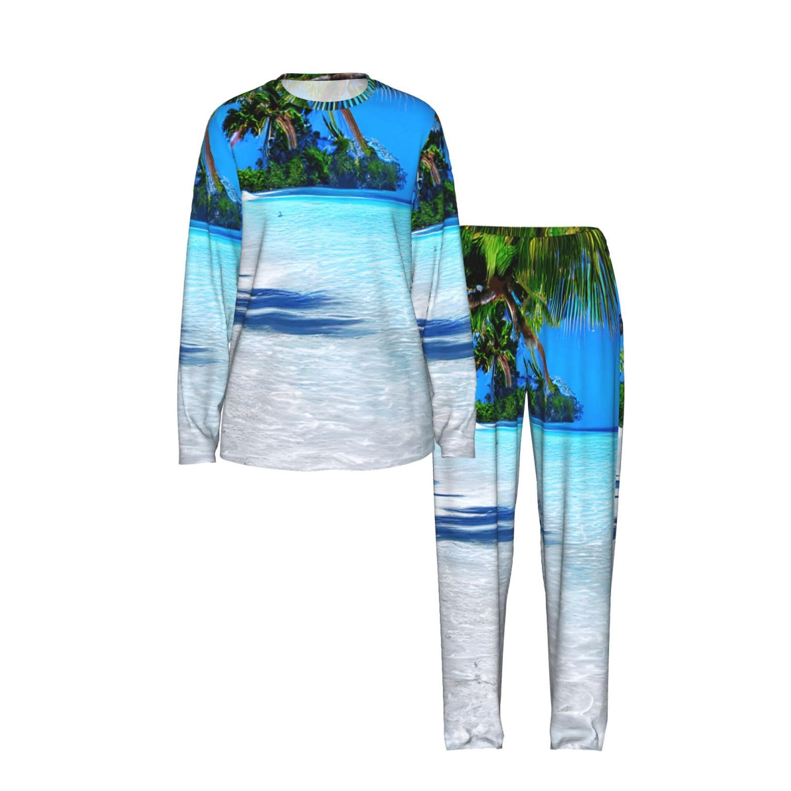 Pigiama da donna a maniche lunghe con stampa tropicale di sabbia bianca spiaggia e oceano morbido pigiama da spiaggia vacanza da notte regalo casual