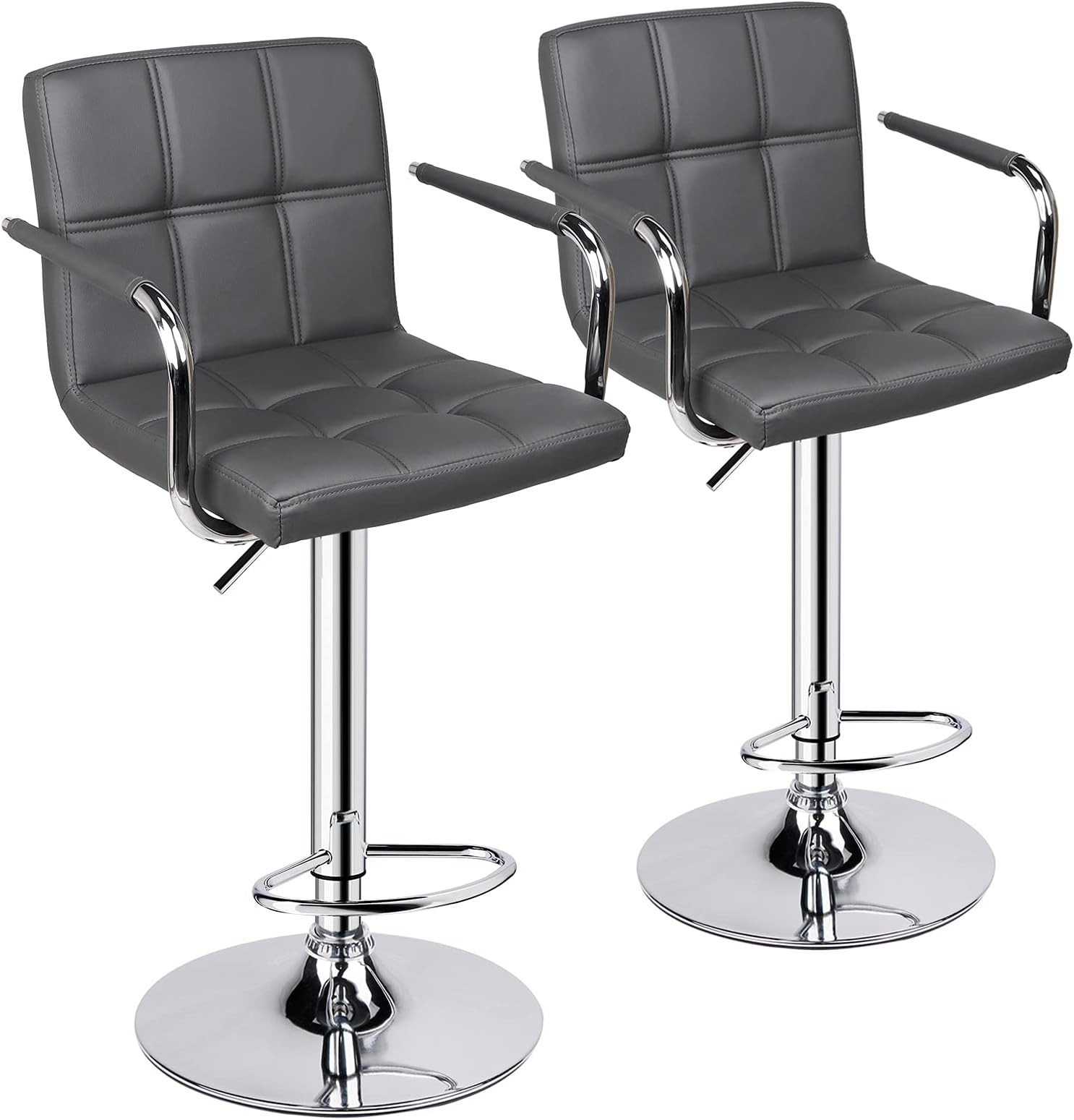 Leopard Adjustable Bar Stools with Armrest, Square Back Swivel Double Stitching with Back Bar Stool, Set of 2 (Grey)