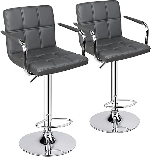 Miniatura 12 de Leopard Taburetes de bar ajustables con reposabrazos, respaldo cuadrado, doble costura giratoria con taburete trasero, juego de 2 (gris claro) gris