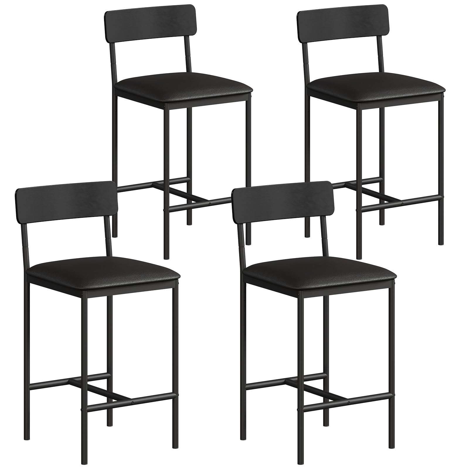 Aptliton Modern Bar Stools Set of 4, Kitchen Breakfast Bar Chairs with Backrest, 65cm Height High Padded Counter Stools, Metal Base Industrial Furniture for Small Kitchen Island Seating, Black