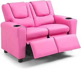 AVAWING Kids Recliner Chair, Double Kids Sofa Chair w/Cup Holder PU Leather, Toddler Loveseat Couch w/Adjustable Footrest & Headrest for Boys Girls 3+ Age Group, Pink